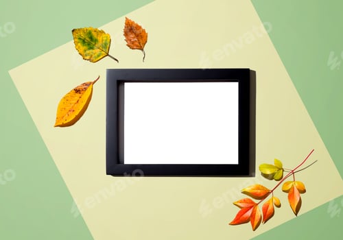 Preview: Autumn Leaves With Blank Photo Frame - Overhead View Flat Lay