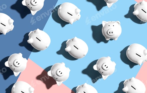 Preview: White Piggy Banks Overhead View - Flat Lay
