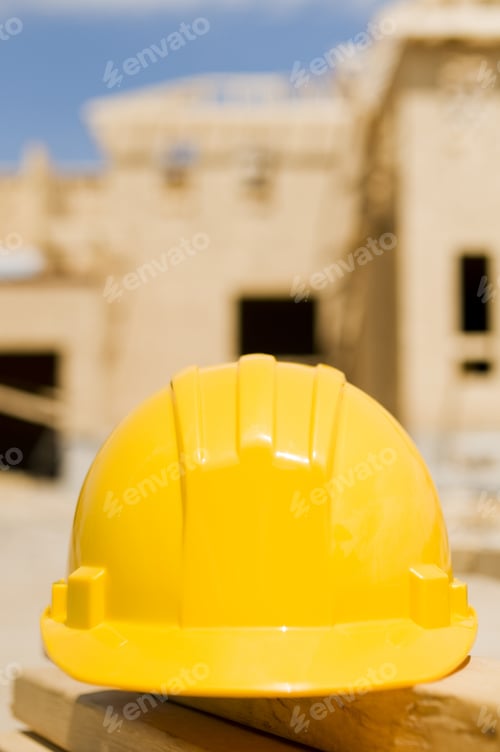 Preview: A Hardhat Lying On Planks Of Wood At A Construction Site.