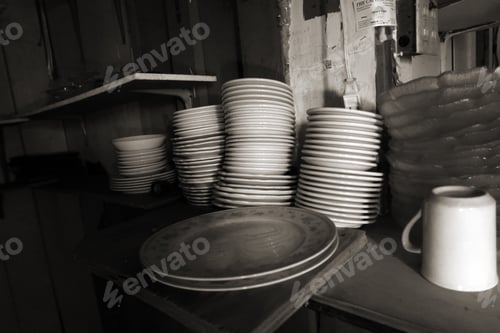 Preview: Stack Of Dishes In A Dark Abandoned Kitchen.