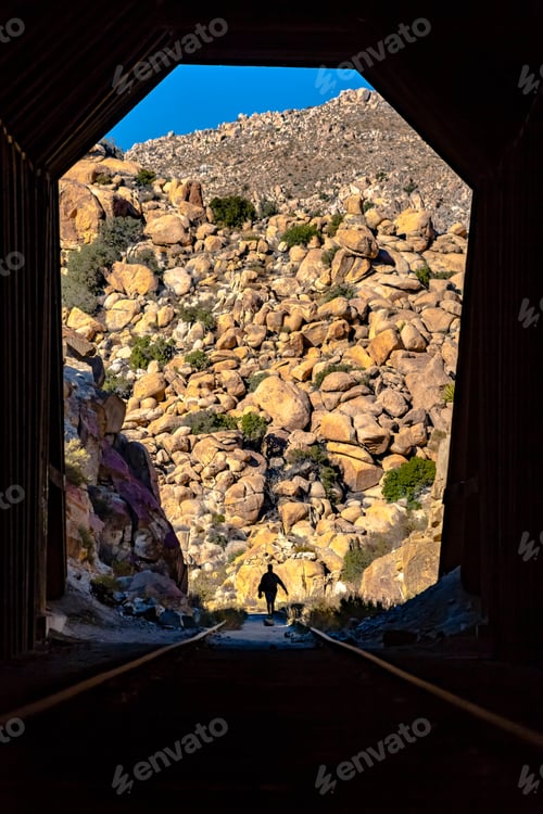 Preview: Man With Camera In Silhouette On Train Tracks, Far