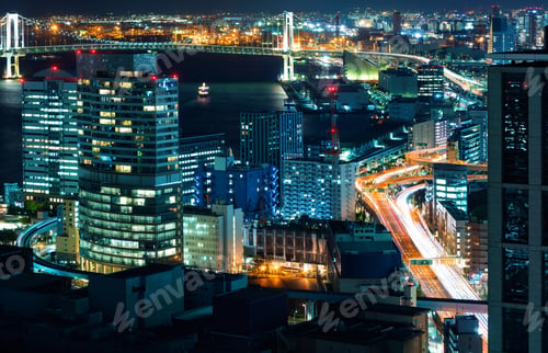 Preview: Aerial View Of A Highway Interesection In Minato, Tokyo, Japan At Night
