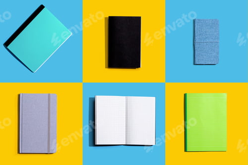 Preview: Variety Of Notebooks And Notepads On Tiled Desk Flatlay From Above