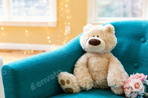 Preview: Teddy Bear And A Flower Bouquet On A Chair In A Room