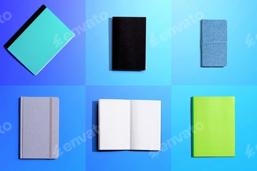 Preview: Variety Of Notebooks And Notepads On Tiled Desk Flatlay From Above