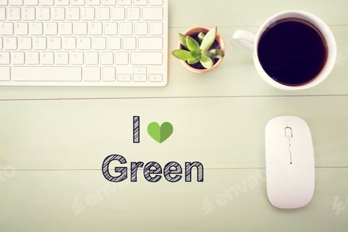 Preview: I Love Green Concept With Workstation On A Light Green Wooden Desk