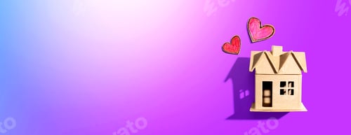 Vista previa: Cardboard House With Heart Crayon Drawings - Flatlay