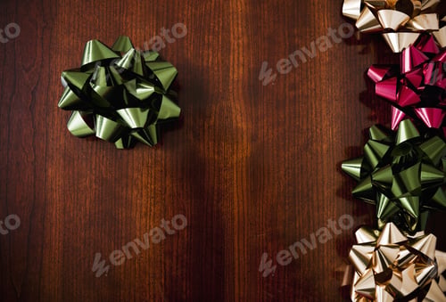 Preview: Five Bows Are Sitting On A Wooden Table.