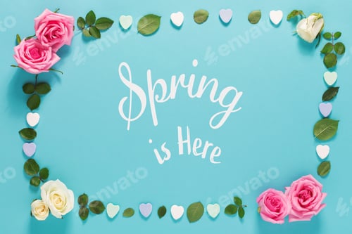 Preview: Spring Is Here Message With Roses And Leaves Top View Flat Lay