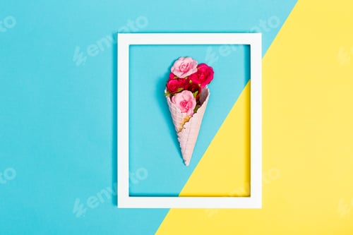 Preview: Ice Cream Cone With Roses On A Bright Split Tone Background