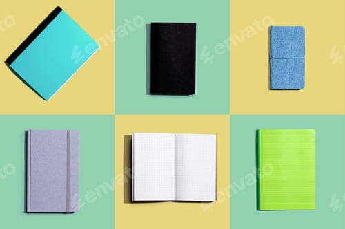 Preview: Variety Of Notebooks And Notepads On Tiled Desk Flatlay From Above
