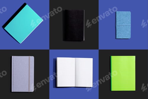 Preview: Variety Of Notebooks And Notepads On Tiled Desk Flatlay From Above
