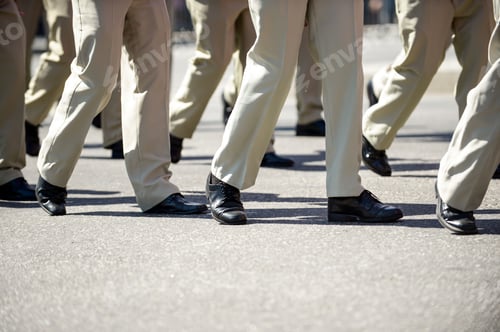 Preview: Military Marching In A Street. Legs And Shoes In Line.