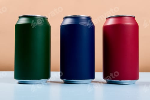 Preview: Three Colored Cans Of Soft Drinks Closed On A Light Blue Background.
