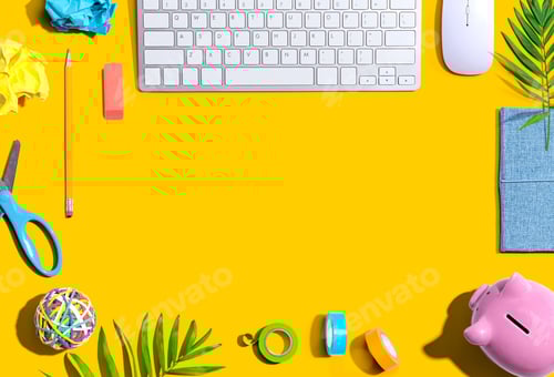 Preview: Office Supplies With Keyboard And Mouse - Flat Lay