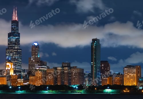 Preview: Downtown Chicago Cityscape Skyline At Night With Lake Michigan In The Foreground