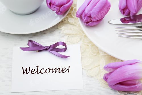 Preview: Welcome Card With Table Setting And Purple Tulips