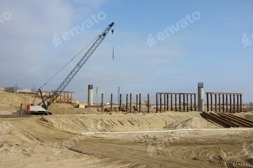Preview: Bridge Construction Project: Concrete Columns Are Poured In Place. Vertical Steel Pipes Are Used To