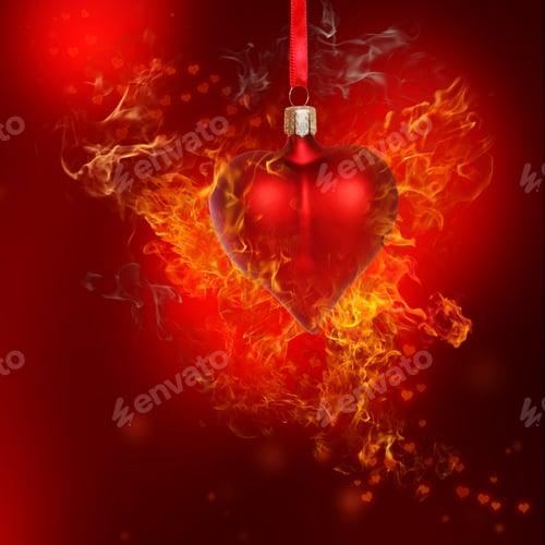 Preview: Fire Heart Bauble On Red Background