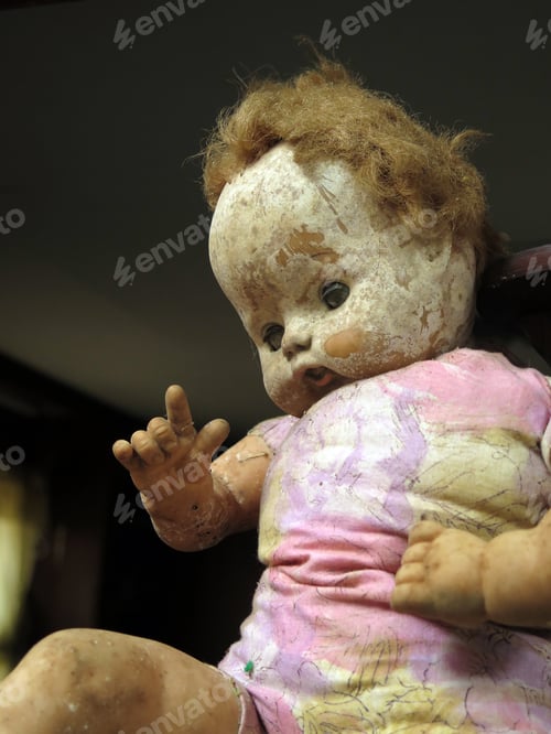 Preview: Low Angle Of Creepy Old, Dirty Doll Pointing At Camera. Focus Is On Doll. Natural Light.