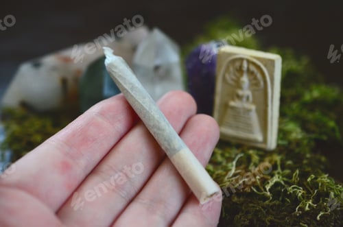 Preview: Healing Crystals And Medical Marijuana Joint. Beautiful Crystal Tower, Nice Mossy Fairy World