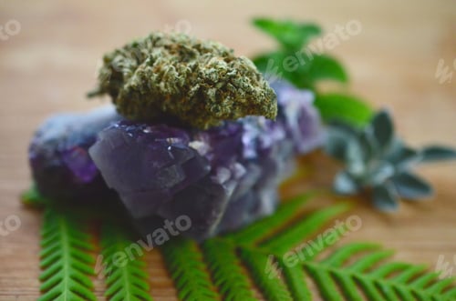 Preview: Bright, Macro Photo Of Medicinal Marijuana. Legal Weed, Cannabis Flowers And Healing Crystals