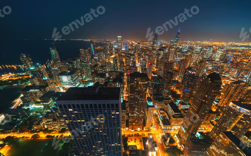 Preview: Chicago Cityscape Skyscrapers At Night Aerial View