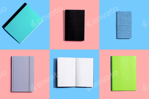 Preview: Variety Of Notebooks And Notepads On Tiled Desk Flatlay From Above