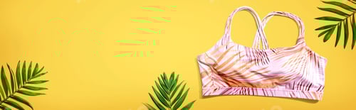 Preview: Fitness Theme With A Sport Bra And Tropical Plants - Flat Lay