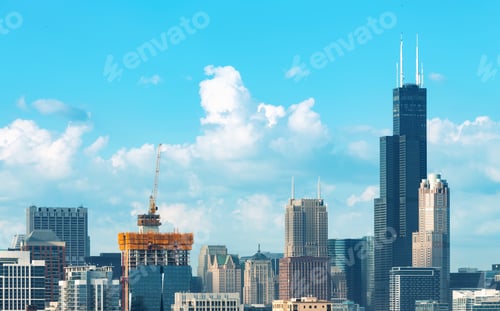 Preview: Chicago Skyscrapers Skyline With Puffy White Clouds