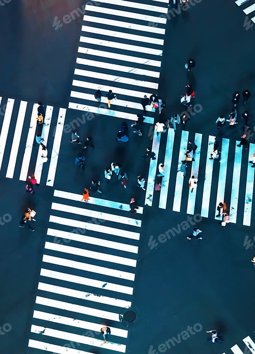Preview: Aerial View Of People Crossing A Big Intersection In Ginza, Tokyo, Japan At Night