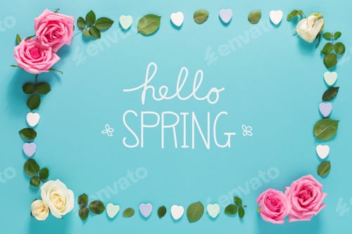 Preview: Hello Spring Message With Roses And Leaves Top View Flat Lay