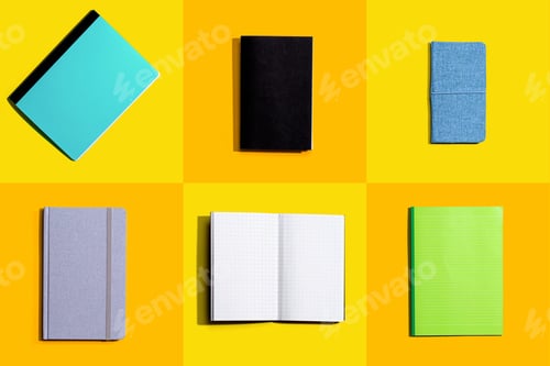 Preview: Variety Of Notebooks And Notepads On Tiled Desk Flatlay From Above
