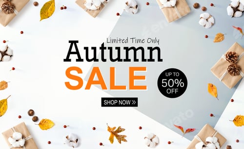 Preview: Autumn Sale Banner With Gift Boxes With Autumn Leaves