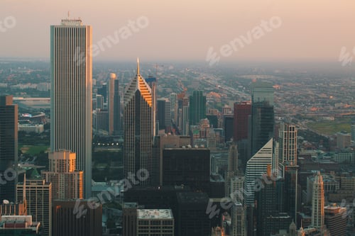 Preview: Chicago Cityscape Skyscrapers At Sunset Aerial View