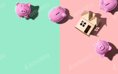 Preview: Miniature House With Piggy Banks - Flat Lay
