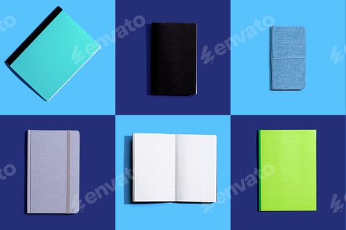 Preview: Variety Of Notebooks And Notepads On Tiled Desk Flatlay From Above