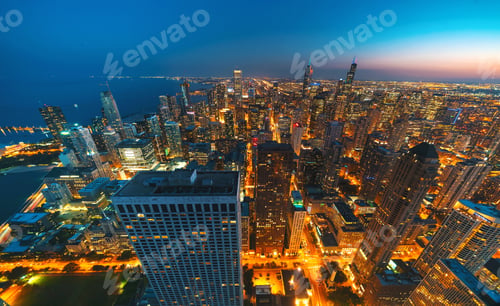 Preview: Chicago Cityscape Skyscrapers At Night Aerial View