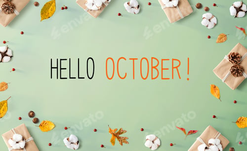 Preview: Hello October Message With Gift Boxes With Autumn Leaves