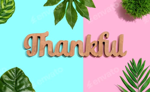 Preview: Thankful Wooden Text With Green Tropical Leaves
