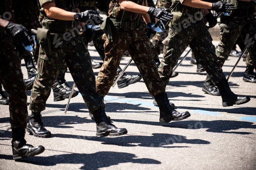 Preview: Military Marching In A Street. Legs And Shoes In Line.