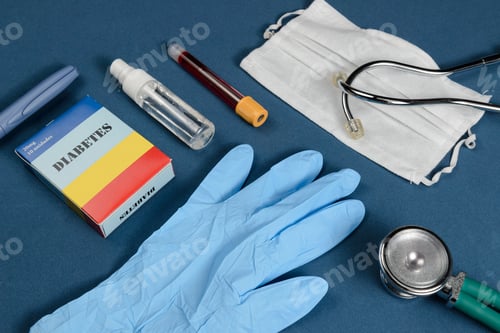 Preview: Coronavirus Protection Kit On Dark Blue Background With Diabetes Complications