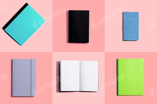 Preview: Variety Of Notebooks And Notepads On Tiled Desk Flatlay From Above