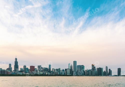 Preview: Downtown Chicago Cityscape Skyline At Twilight With Lake Michigan In The Foreground