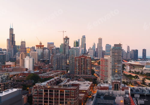 Preview: Downtown Chicago Cityscape Skyscrapers Skyline At Sunset