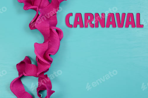 Preview: Carnival Lilas Ribbon On Blue Background With Space For Text And Already Written Carnival In