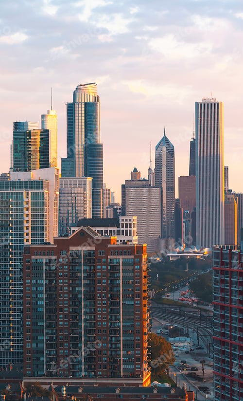 Preview: Downtown Chicago Cityscape Skyscrapers Skyline At Sunset