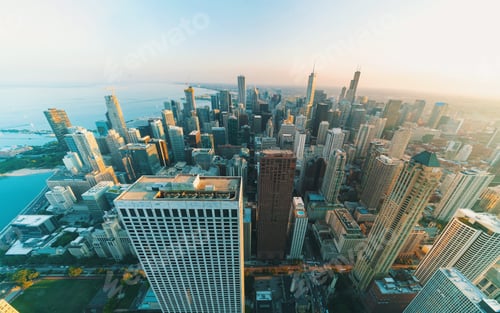 Preview: Chicago Cityscape Skyline At Sunset Aerial View