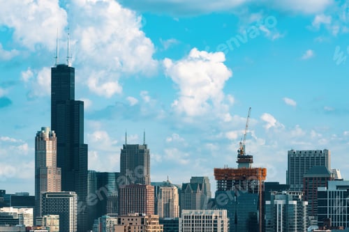 Preview: Chicago Skyscrapers Skyline With Puffy White Clouds