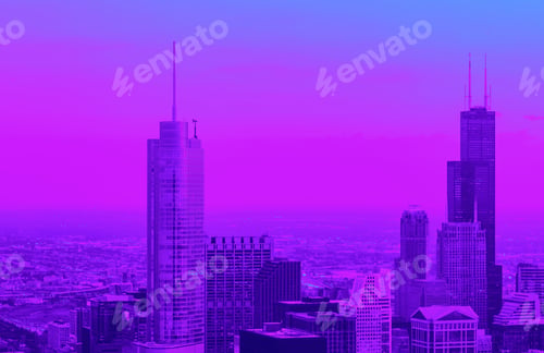 Preview: Chicago Cityscape Skyscrapers At Sunset Aerial View With Duotone
